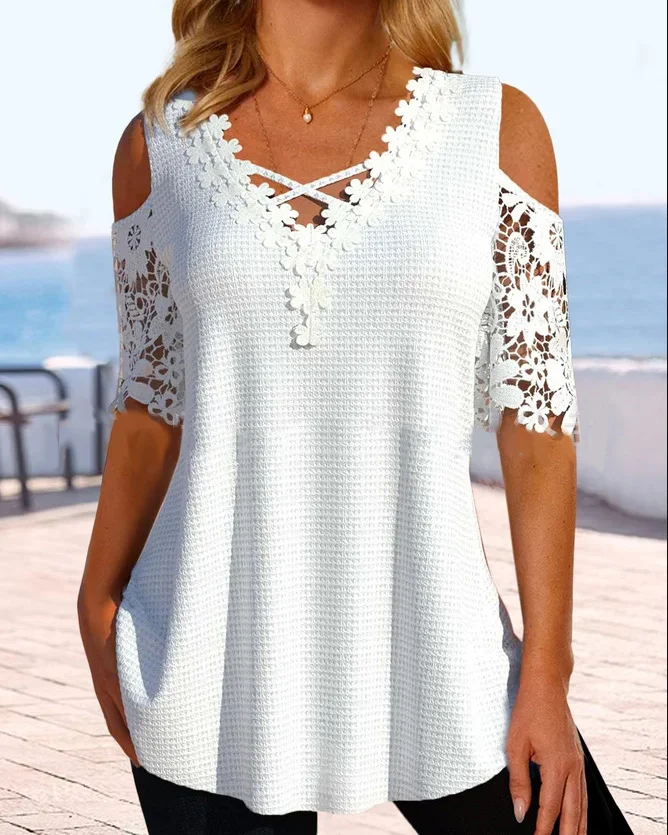 White Lace Half Sleeve V Neck T-Shirt