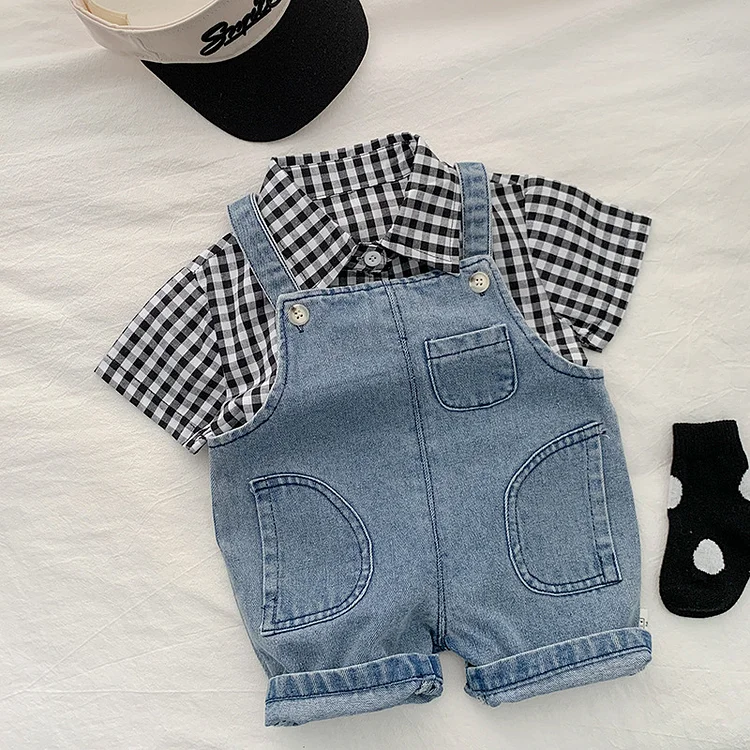 Baby Boy/Girl Denim Pocket Overalls Romper & Embrioderied Bear Striped T-shirt Set