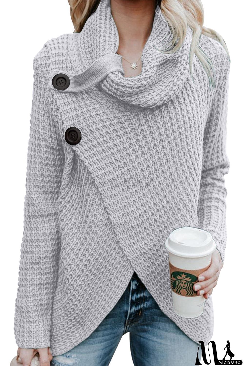 MidiSono - Buttoned Wrap Cowl Neck Sweater