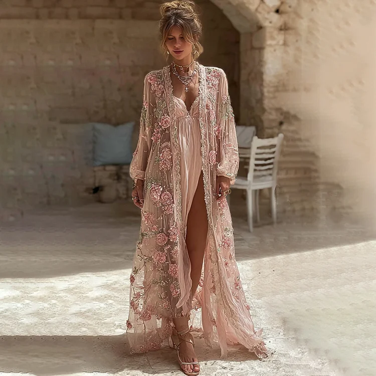 Women's Bohemian Pink Floral Embroidered Art Casual Long Cardigan