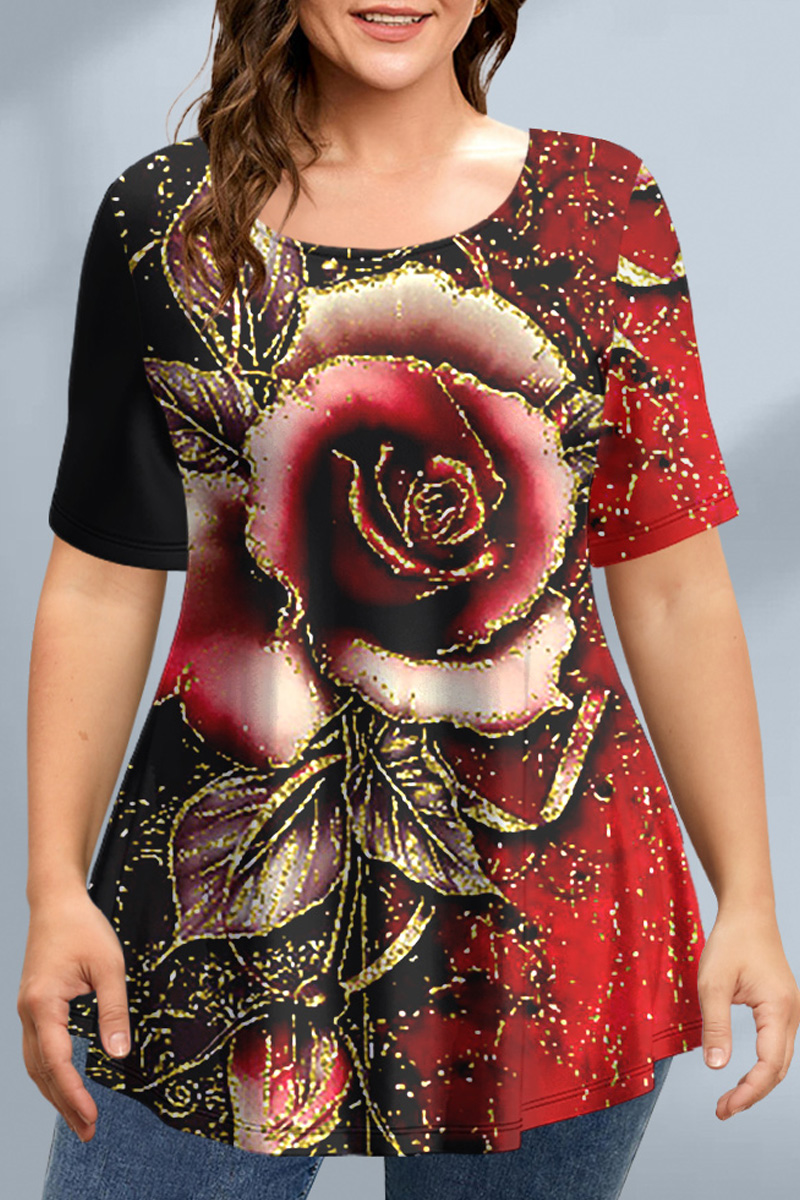 Flycurvy Plus Size Casual Red Floral Print Round Neck T-Shirt
