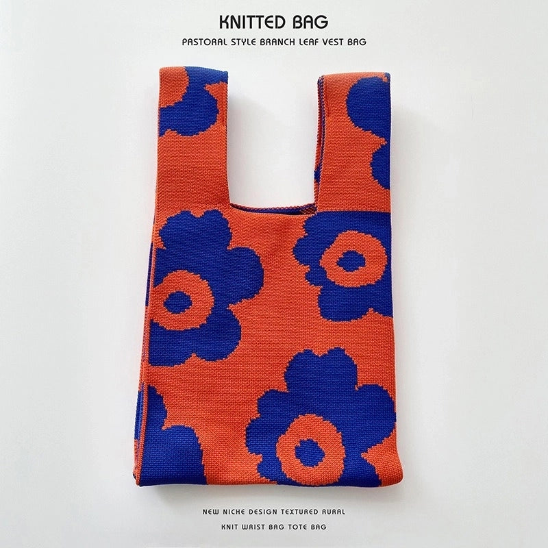 Women’s Medium Knit Letter Flower Cute Vintage Style Square Open Handbag