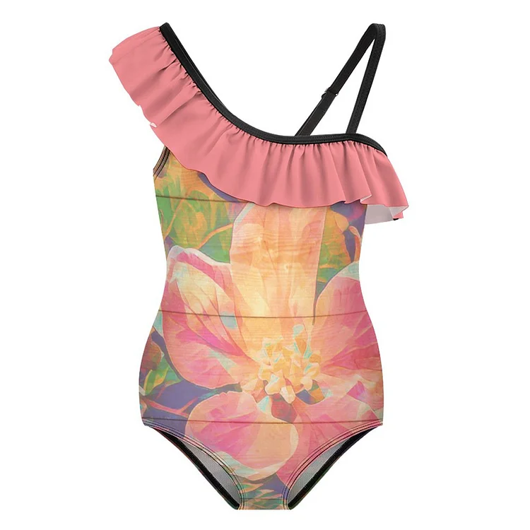 Floundered One-piece Swimsuit for Girls Oil Painting, Flowers, Wood Engraving