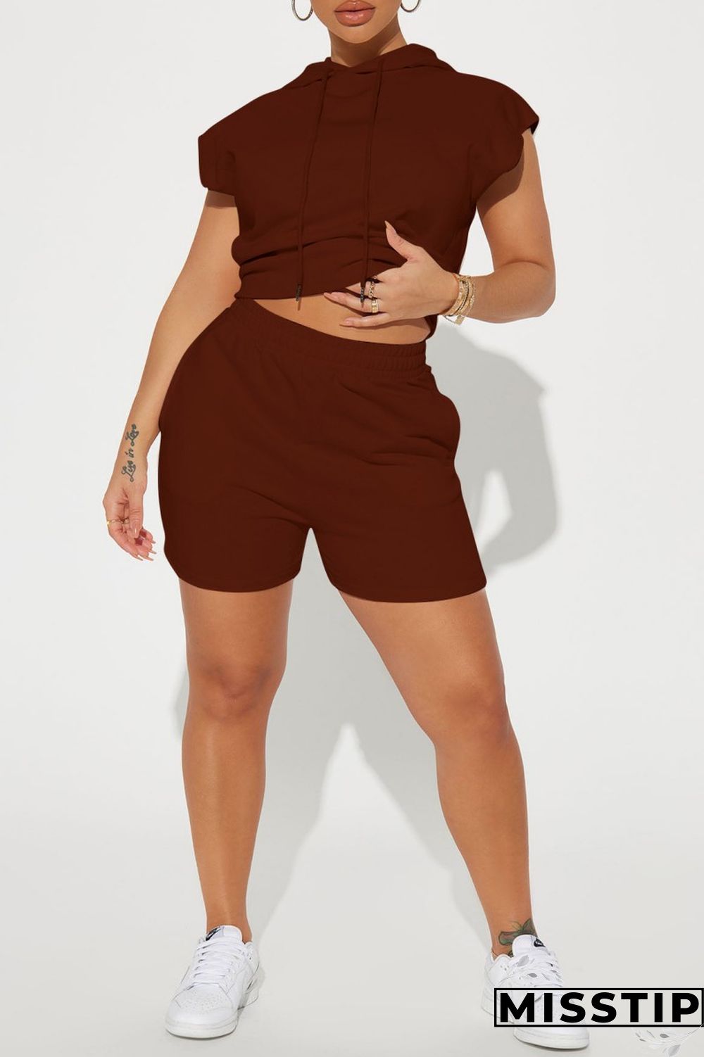 Orange Casual Solid Basic Hooded Collar Sleeveless Two Pieces