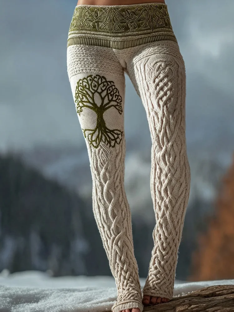 Vintage Tree Of Life Pattern Celtic Knit Cozy Leggings