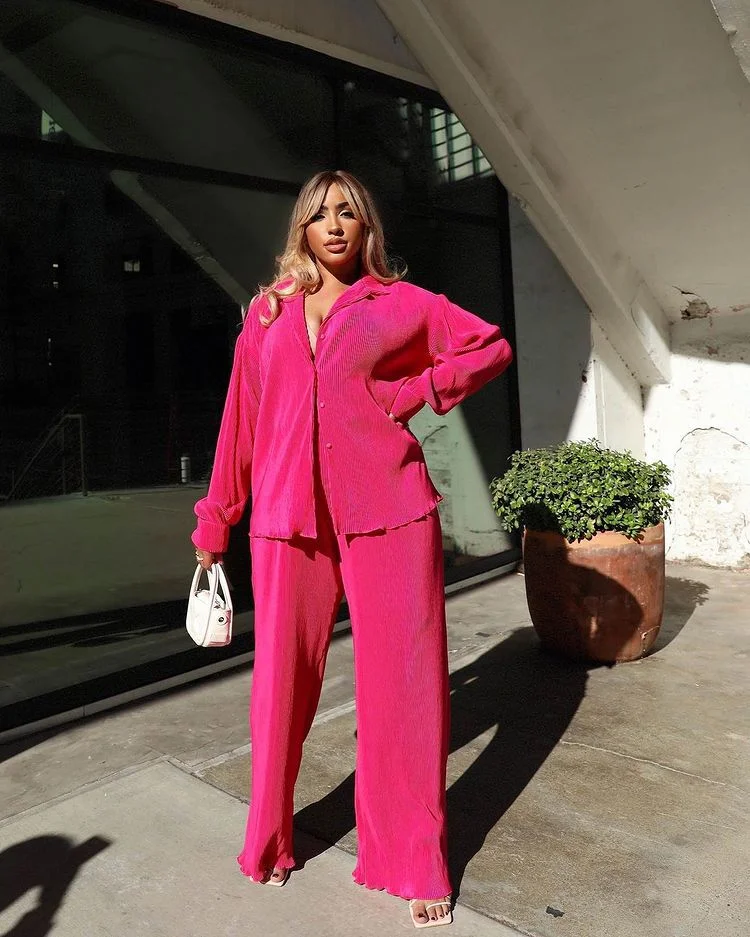 CM.YAYA Pleated Solid Women Set Long Sleeve Shirts and Straight Wide Leg Pants Suits Tracksuit Two Piece Set Fitness Outfits