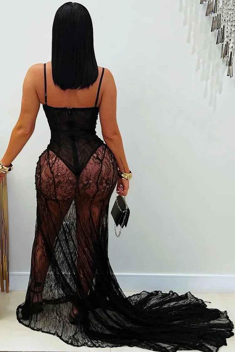 See-Through Lace Basque Waist Party Cami Maxi Mermaid Dresses-Red [Pre Order]