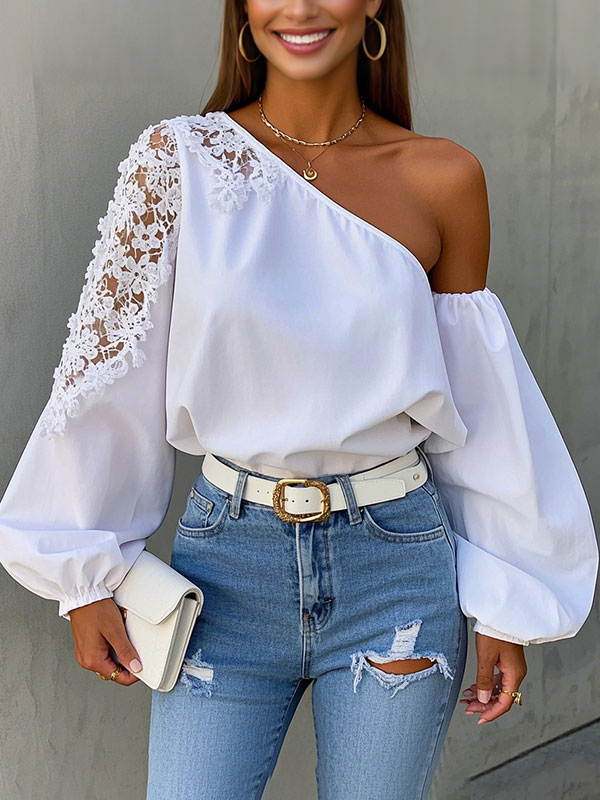 Lace Patchwork Lantern Sleeve Off The Shoulder Blouses