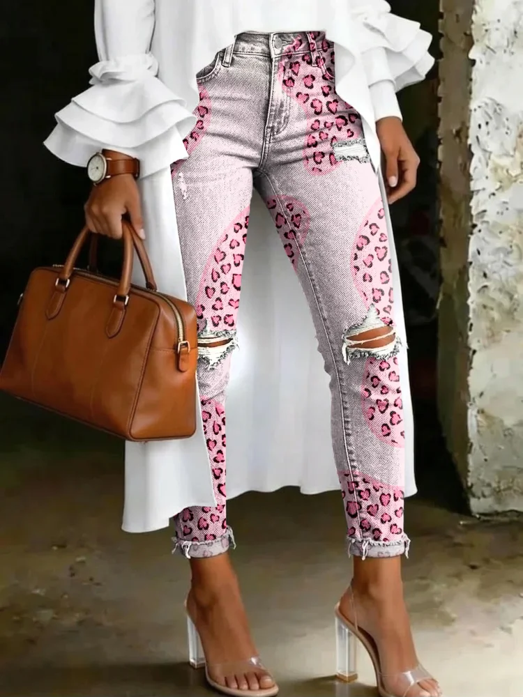 Women's Fashion Pink Geometric Heart Leopard Print Artistic Print Casual Skinny Ripped Jeans