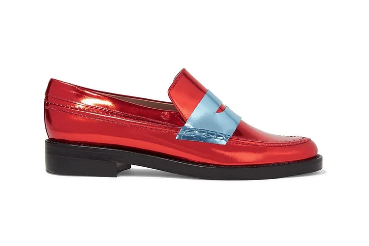 Red Shiny Vegan Leather Flat Penny Loafers Vdcoo