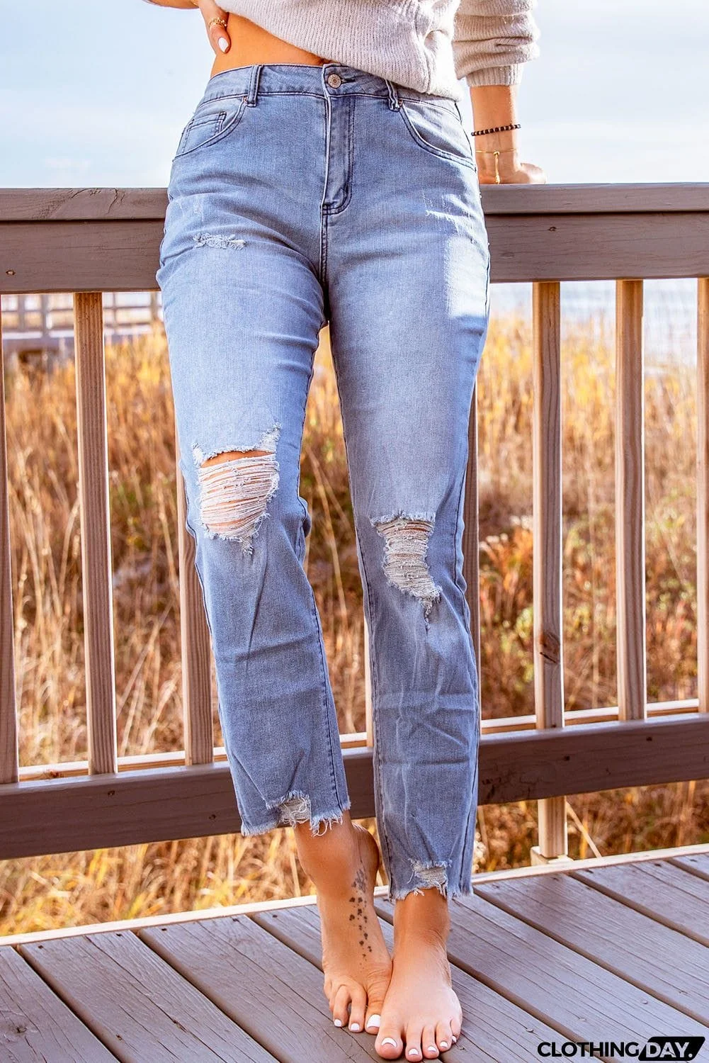 Ripped Slim Fit Washed Jeans