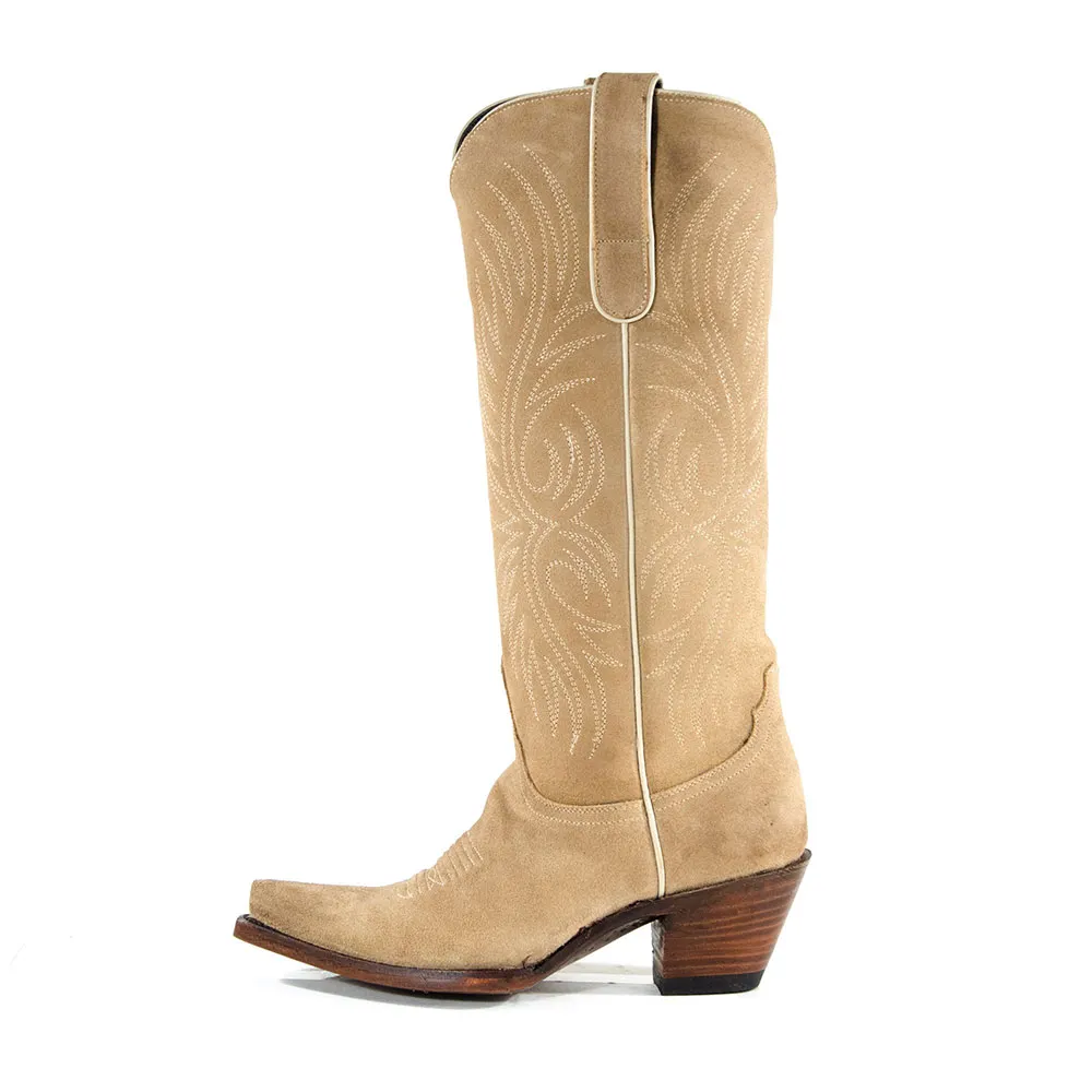 Khaki Snip Toe Embroidered Chunky Heel Western Boots for Women