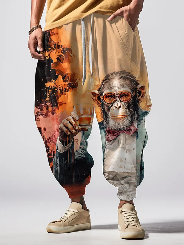 Men's Vintage Monkey Gentleman Whiskey Oil Painting Print Loose Drawstring Waist Sweatpants
