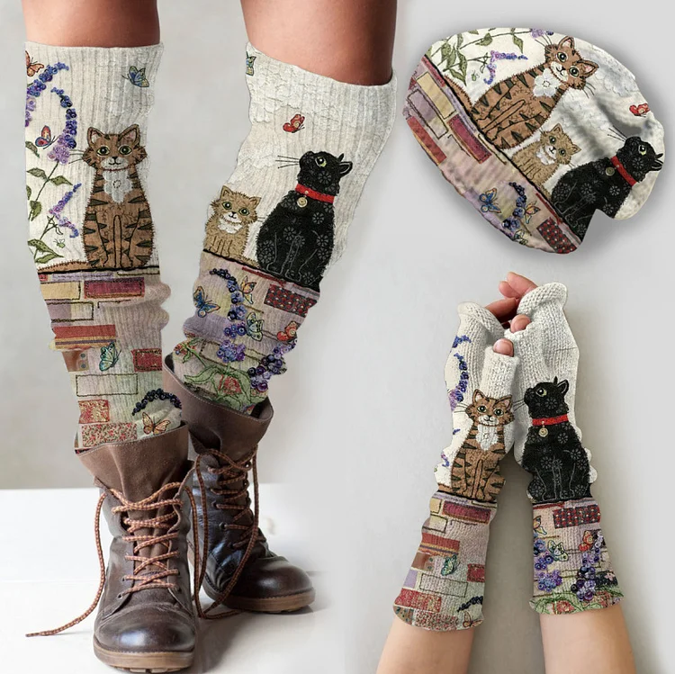 （Ship within 24 hours）Vintage cat print knitted hat +leg warmers + fingerless gloves set