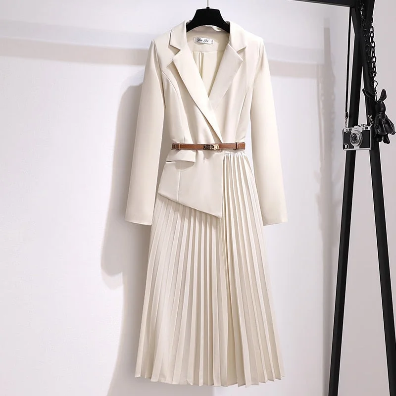 spring dress female large size 2021 new fashion design sense suit collar fake two pieces of mid-length pleated dress with belt