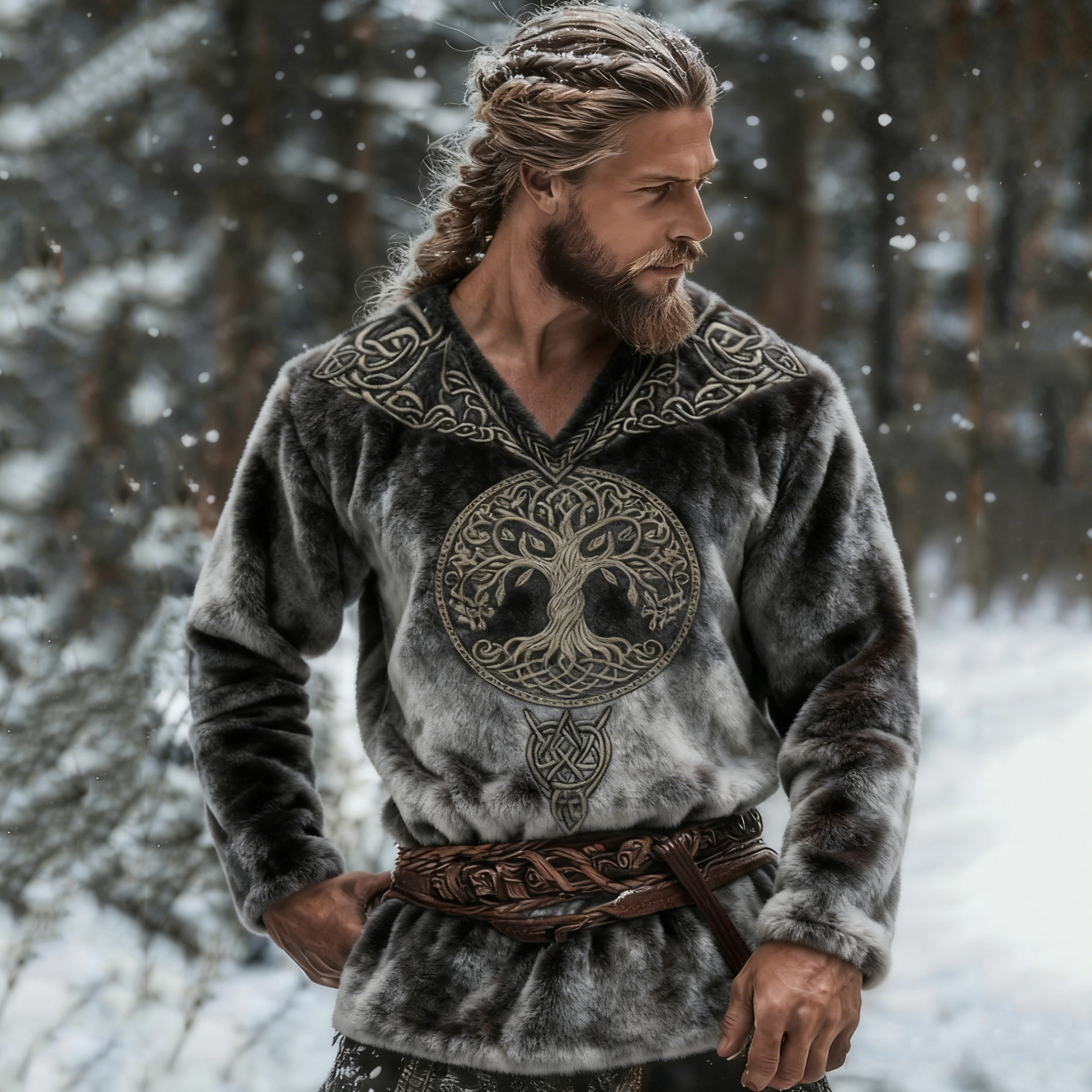 Men's Retro Celtic Knot Pattern And Yggdrasil Art Cozy Flannel Tops elevenforest