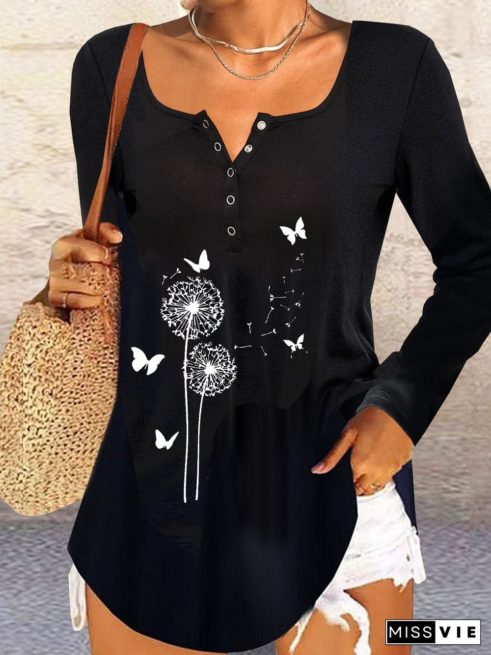 V Neck Jersey Long Sleeve Dandelion Printed T-Shirt