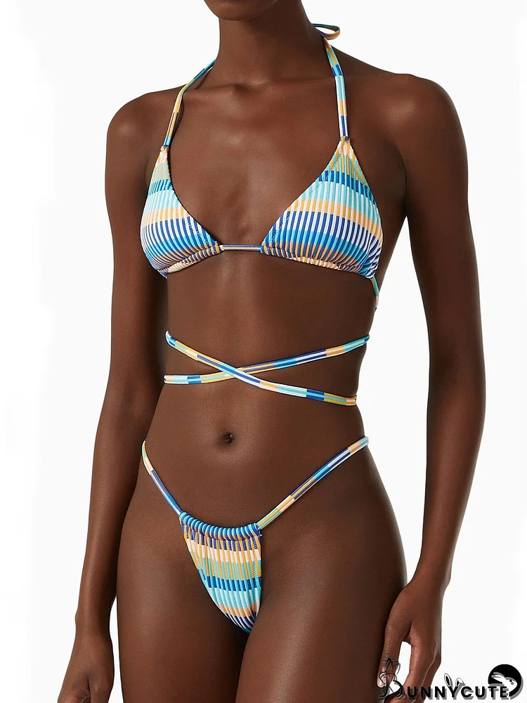 Cross Strap Striped Lace-up Colorful Bikini Set