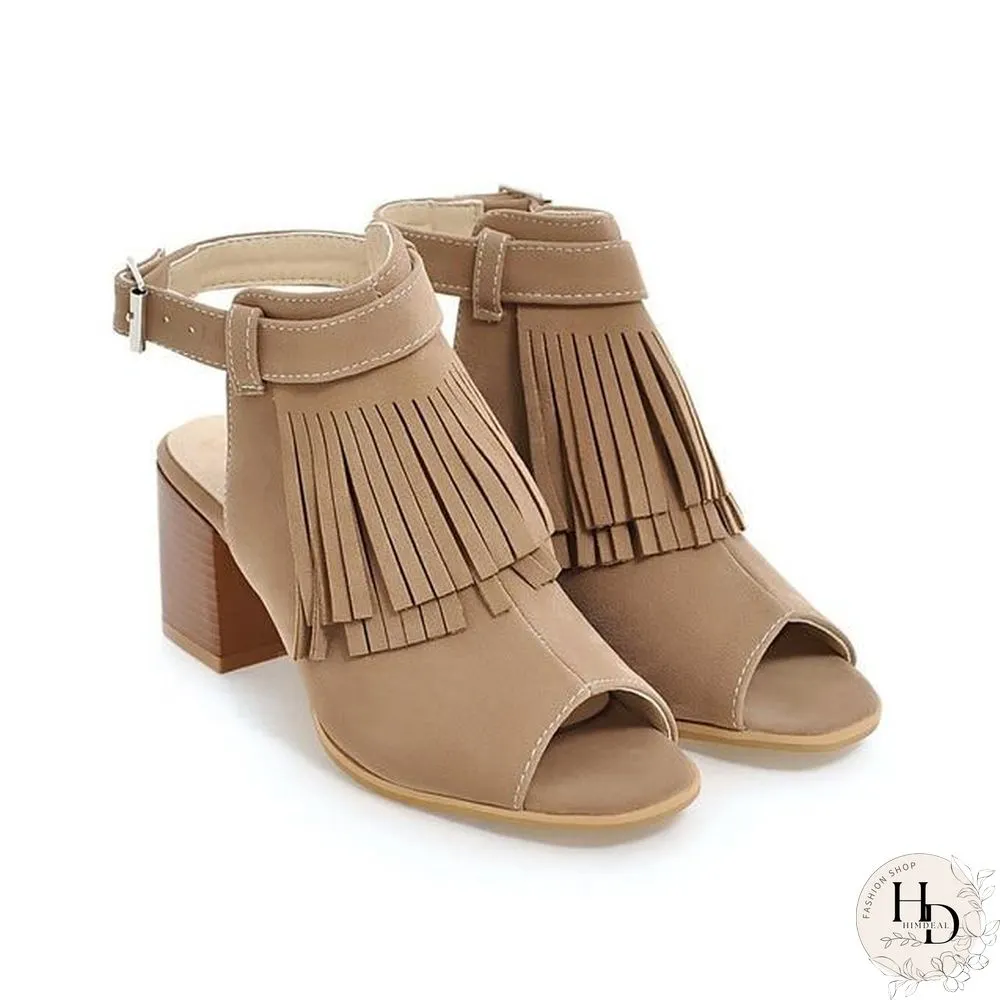 Women Retro Summer Sandals Leisure Tassel Thick Heels Gladiator Peep Toe Sandals