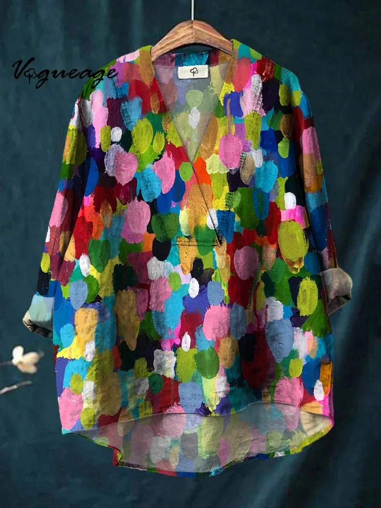 Fashion Art Colorful Spots Graffiti Printed Cotton And Linen Shirt