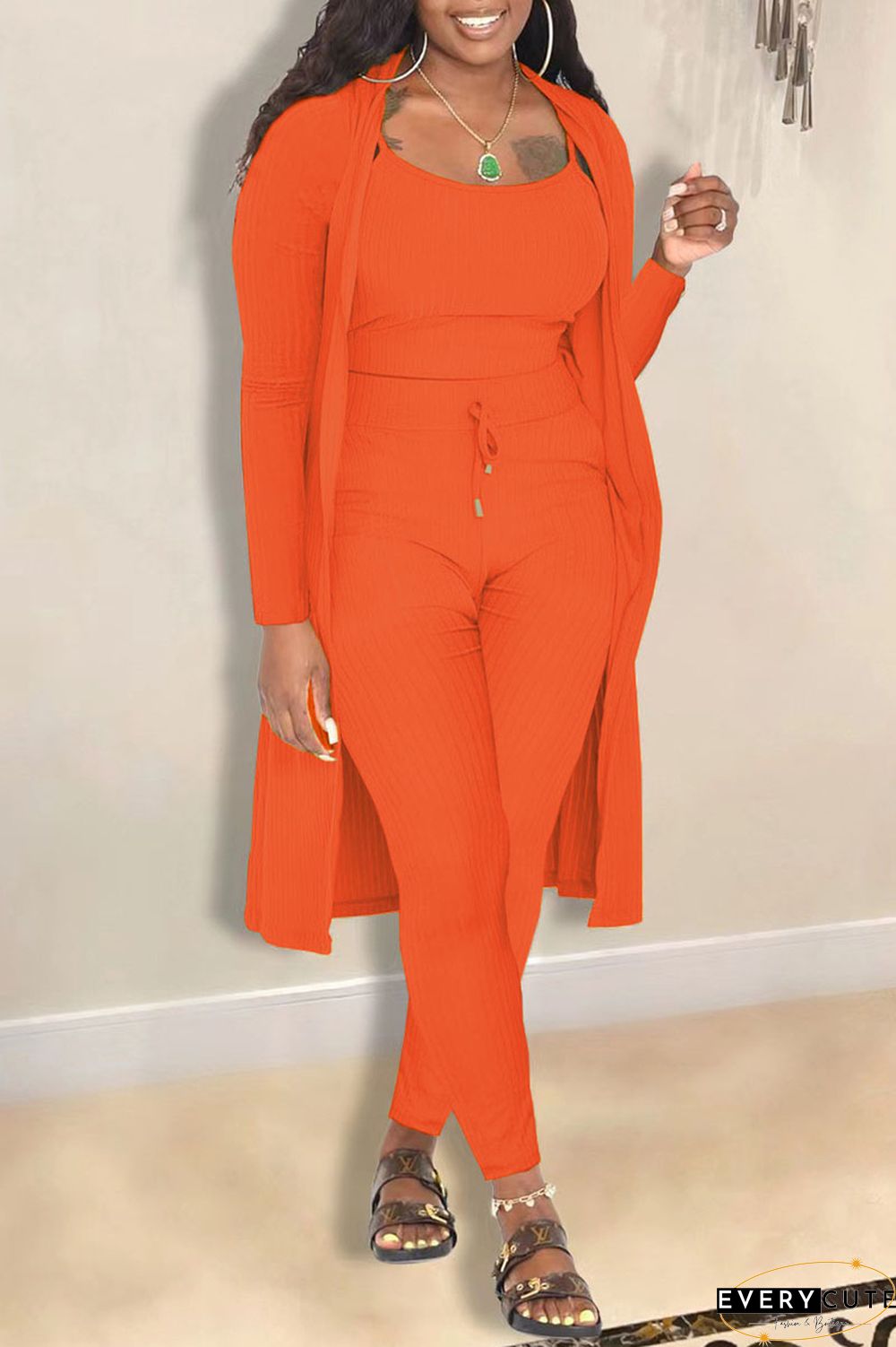 Casual Solid Cardigan Vests Pants Long Sleeve Three Piece Set