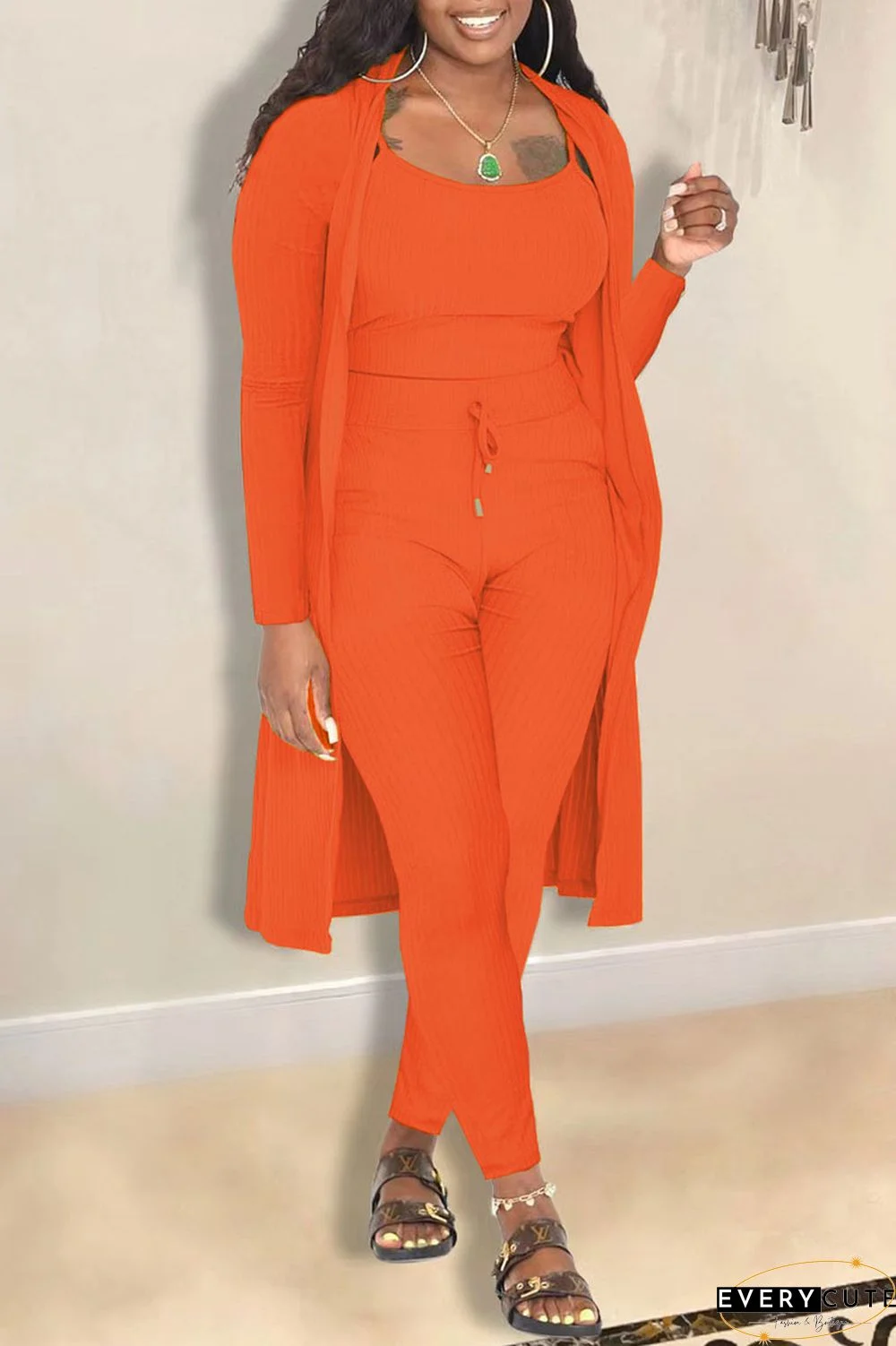 Casual Solid Cardigan Vests Pants Long Sleeve Three Piece Set