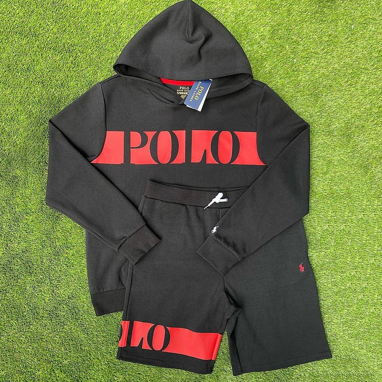 Black fashion casual Polo printed sweater Shorts Set