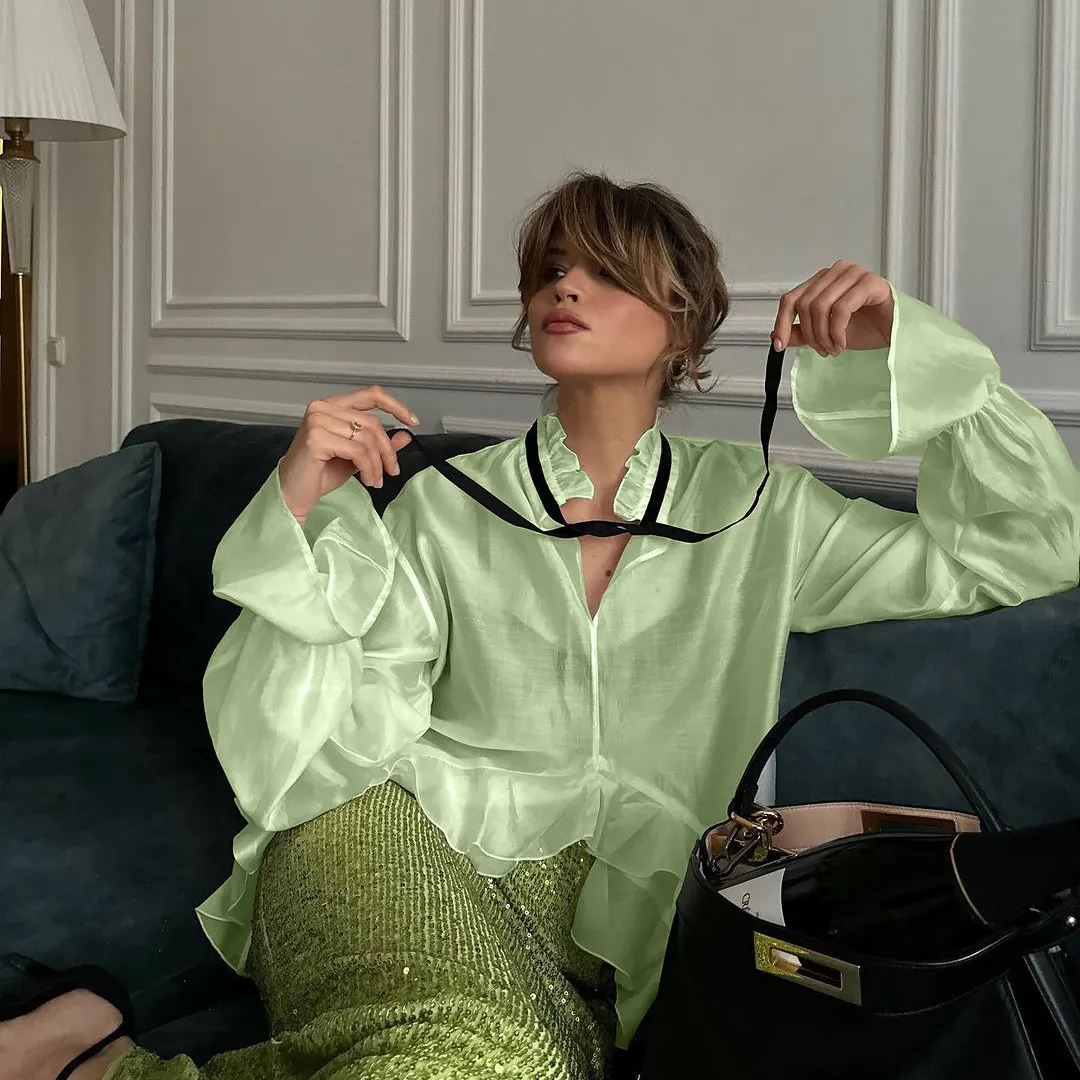 Churchf Churchf Women's Fashion Sexy See-Through Blouse Jacket 2024 Summer New Horn Sleeve Design Sense French Shirt