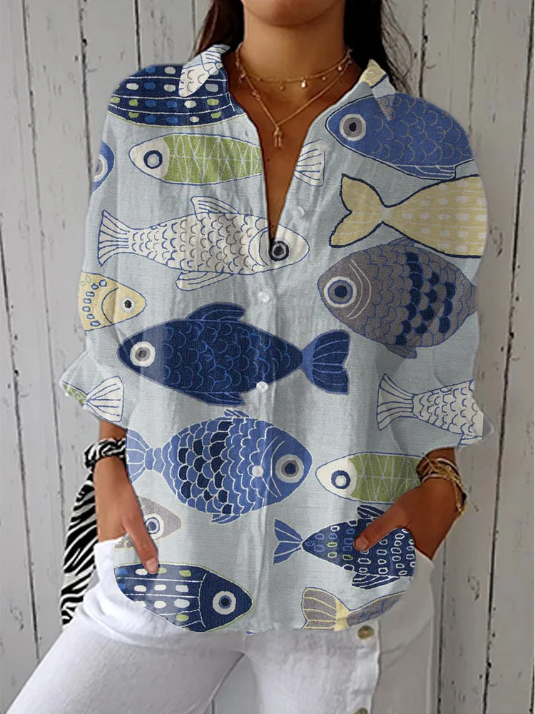 Women's  Vintage Ocean Fish Art Print Casual Linen V-neck Shirt