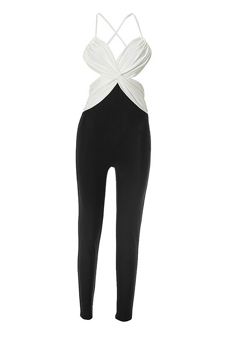Deep V Neck Ruched Colorblock Open Back Skinny Cami Jumpsuit-Black