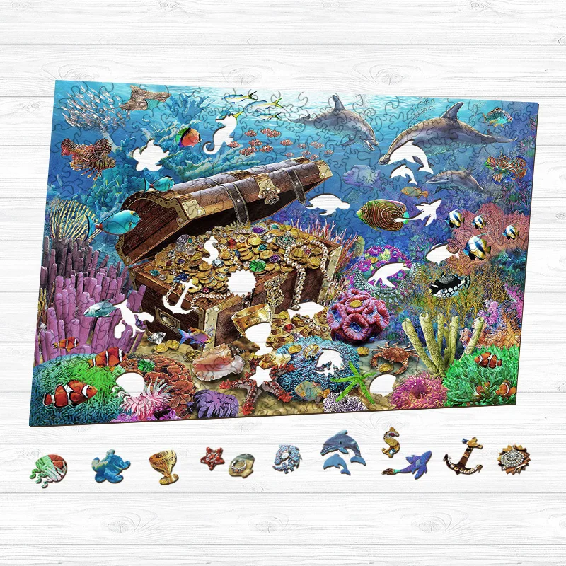 Jeffpuzzle™-JEFFPUZZLE™ Ocean Treasure Chest Wooden Puzzle