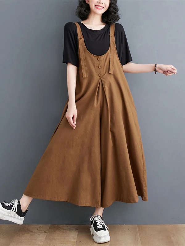 Solid Color Buttoned Wide Leg Ninth Pants Spaghetti-Neck Overalls