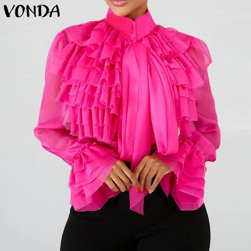 Women Elegant Blouse OL Style Stand Collar Shirts Ruffled Tops 2022 VONDA Female Casual Baggy Blusas Femininas