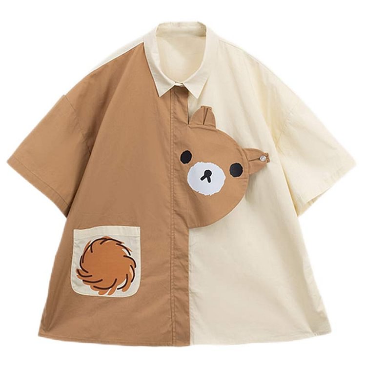 Cartoon Bear Print Colorblock Pocket T-Shirt - Modakawa modakawa