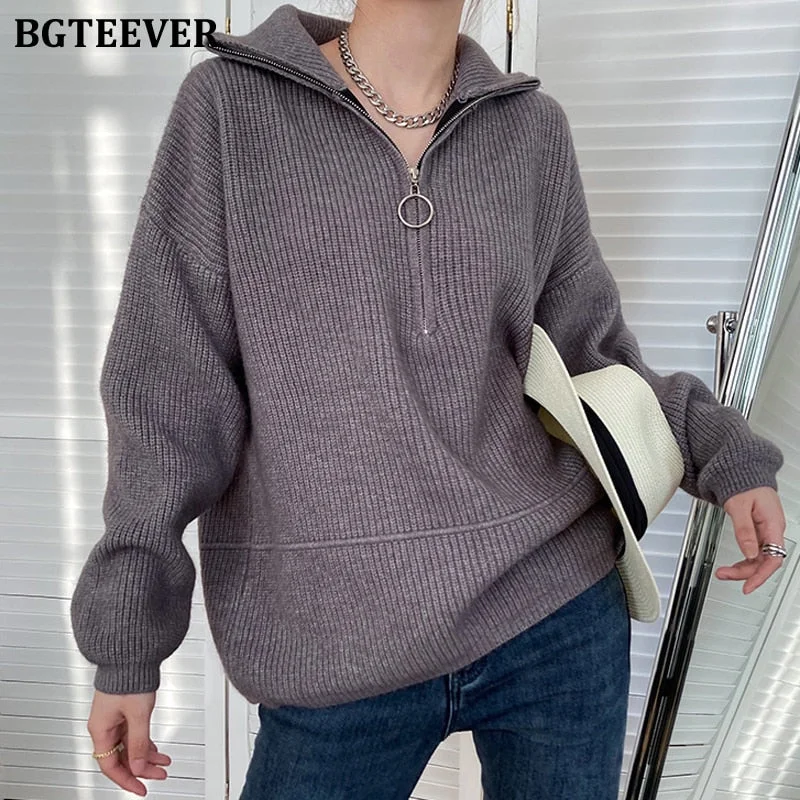 BGTEEVER Autumn Winter Zipper Turtleneck Sweaters Women Casual Thick Long Pullover Jumpers Female Loose Knitting Tops 2021