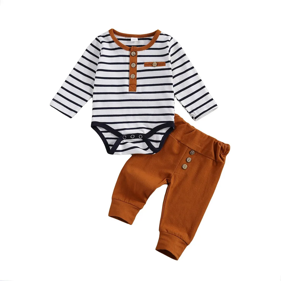 2Pcs Baby Girl Boy Casual Suit, Round Neck Long Sleeve Stripe Romper Solid Color Button Decoration Loose Trousers Spring Autumn