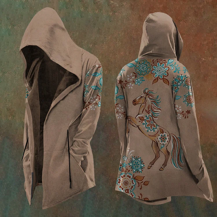 Comstylish Women'S Retro Western Floral Horse Pattern Hooded Jacket