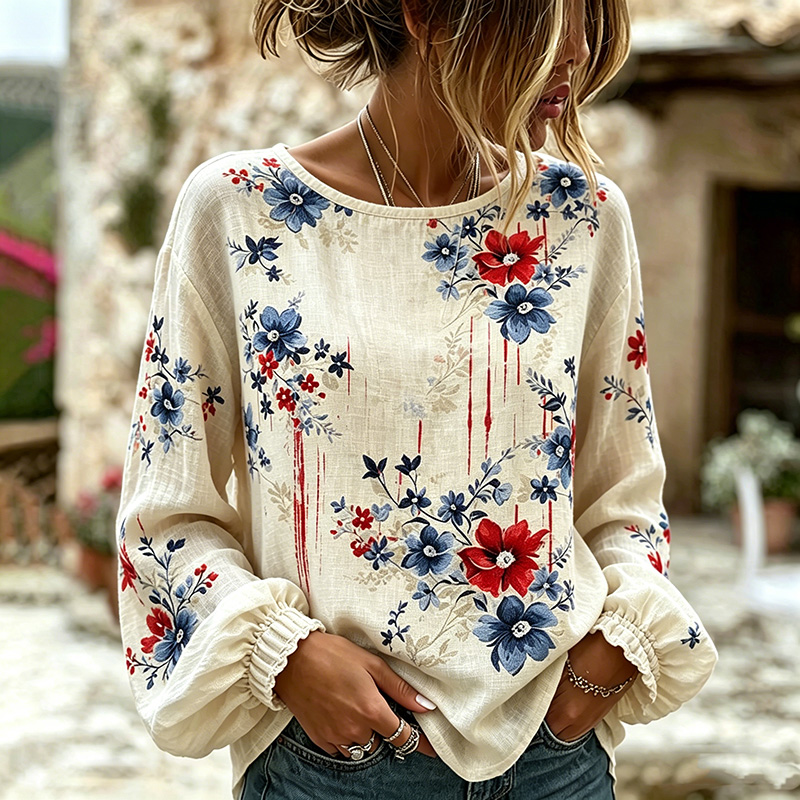  Women's Vintage Floral Art Print Linen Blend T-shirt Westsshops
