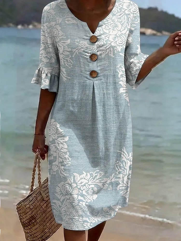 Women's Vintage Flower Pattern Print Casual Button-down Cotton Dress