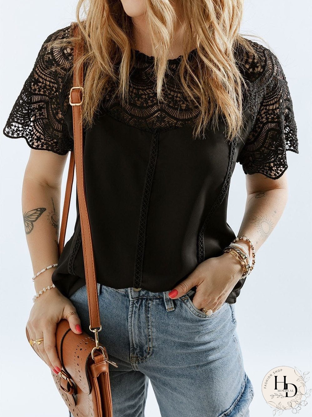 Elegant Black Lace Patchwork Top with Short Sleeves