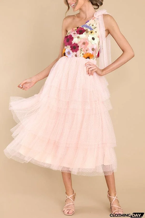 Midnight Garden Embroidered Floral Applique One Shoulder Tiered Tulle Midi Dress