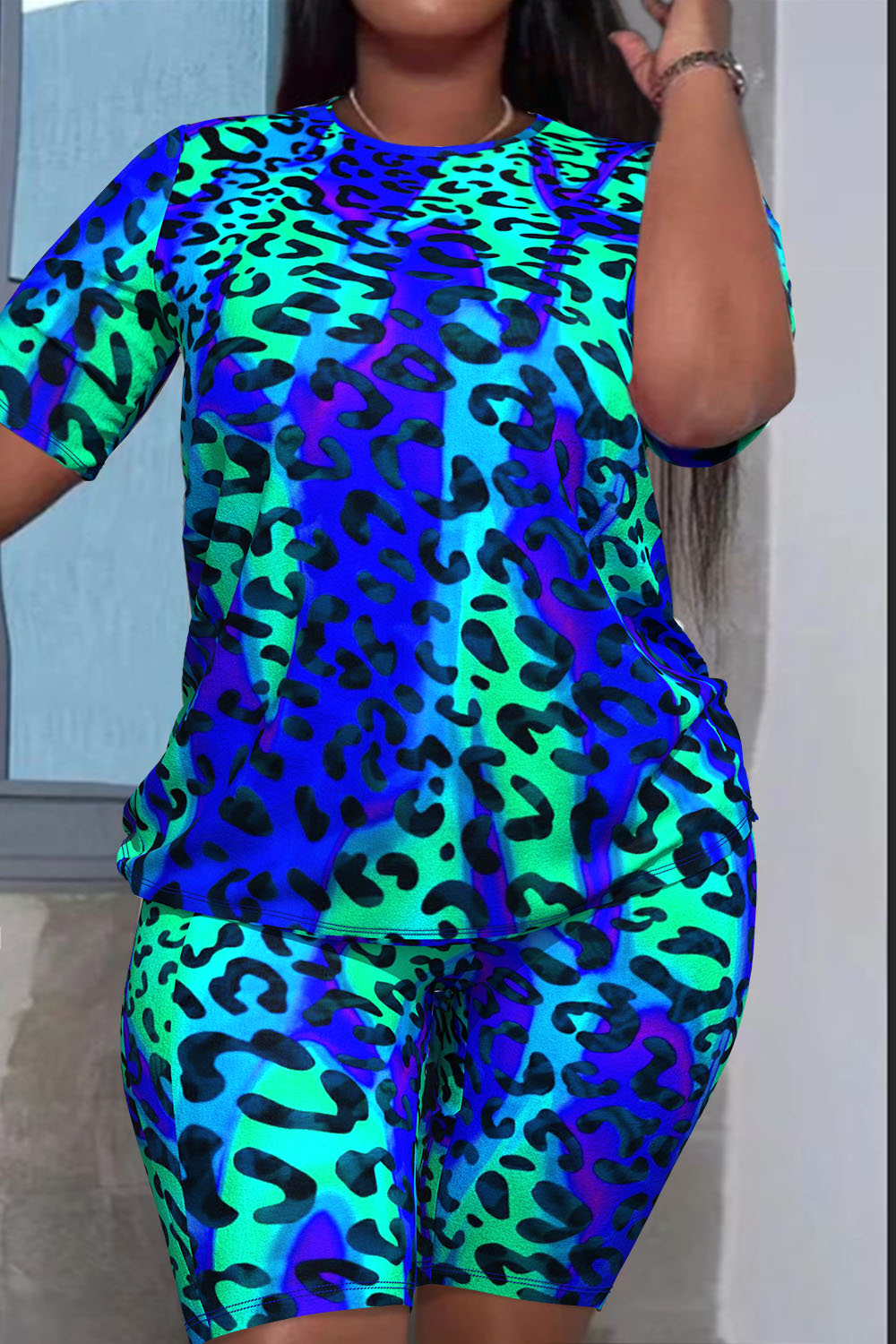 Plus Size Casual Yellow Leopard Round Neck Short Sleeve Two Piece Short Sets [Pre-Order]