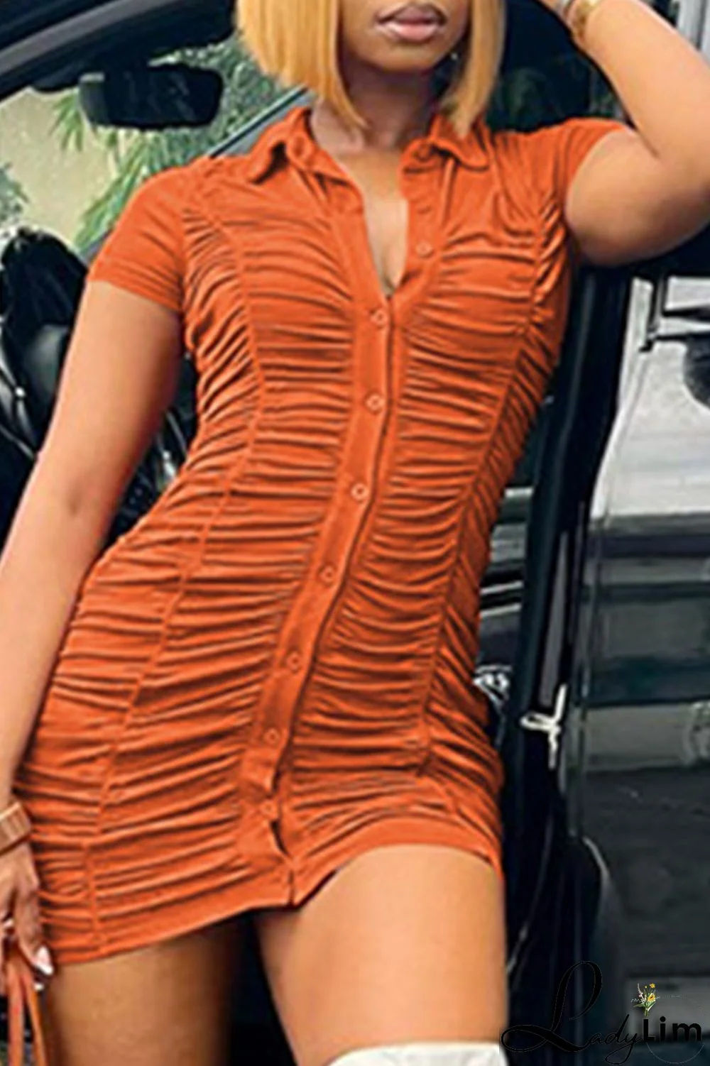 Orange Fashion Casual Solid Fold Turndown Collar Short Sleeve Dress