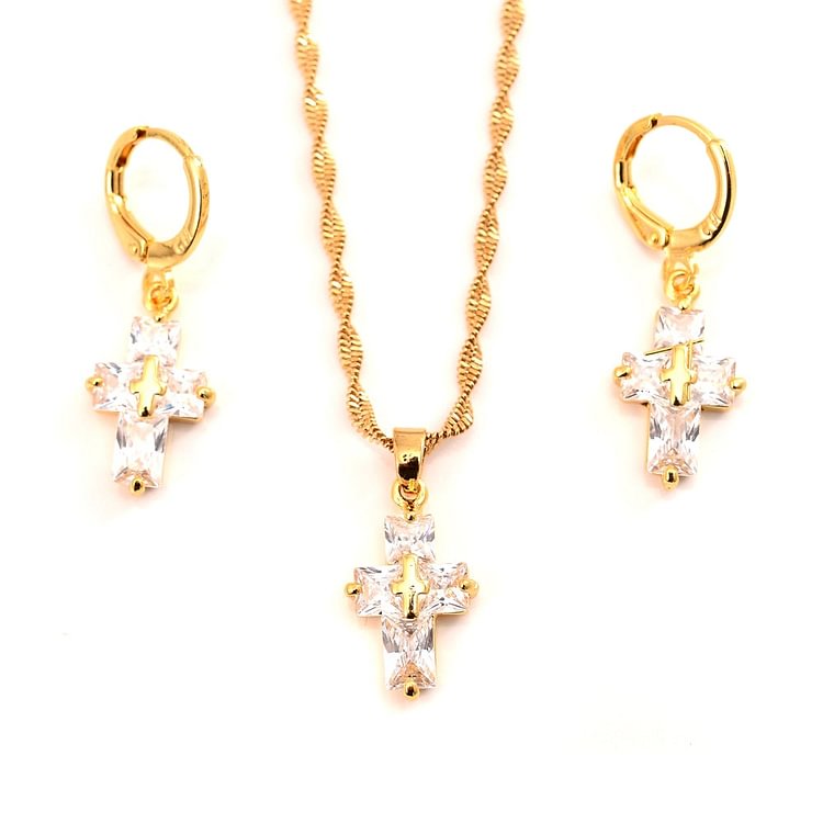 24k gold plated  cz cross Pendant Necklace chain Earrings sets