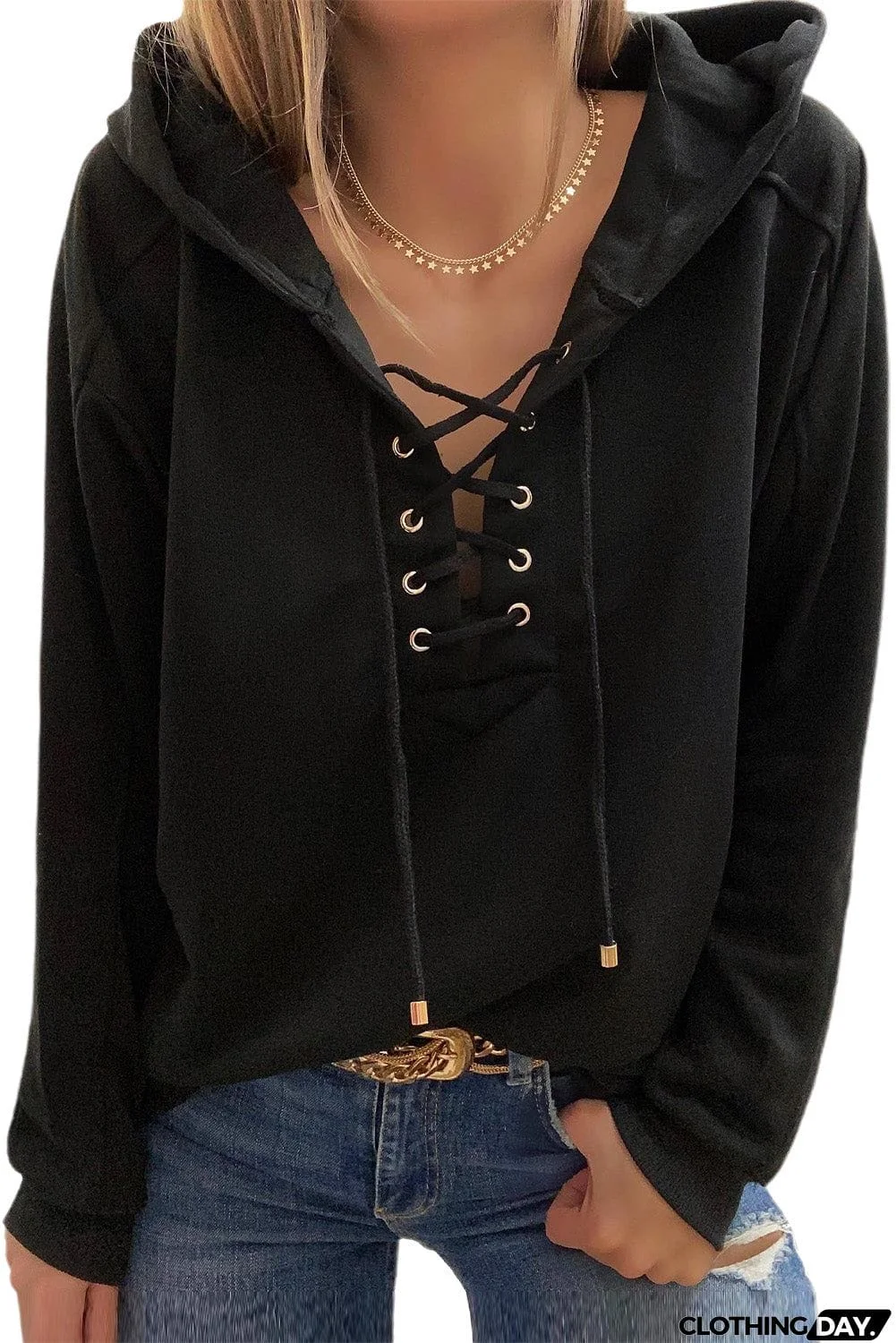 Casual Solid Color Lace-up Hoodie