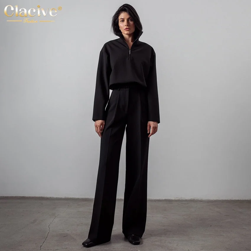 Clacive Fashion Straight Pants Set Woman 2 Pieces Casual High Waist Trousers Suits Elegant Shirt Two Piece Pants Set Female