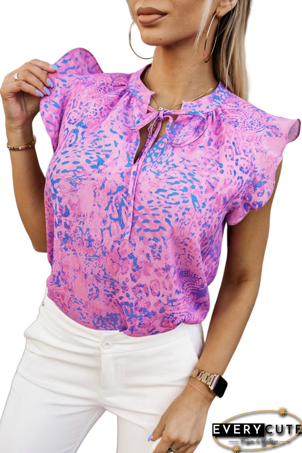 Purple Lace up Ruffle Leopard Print Top