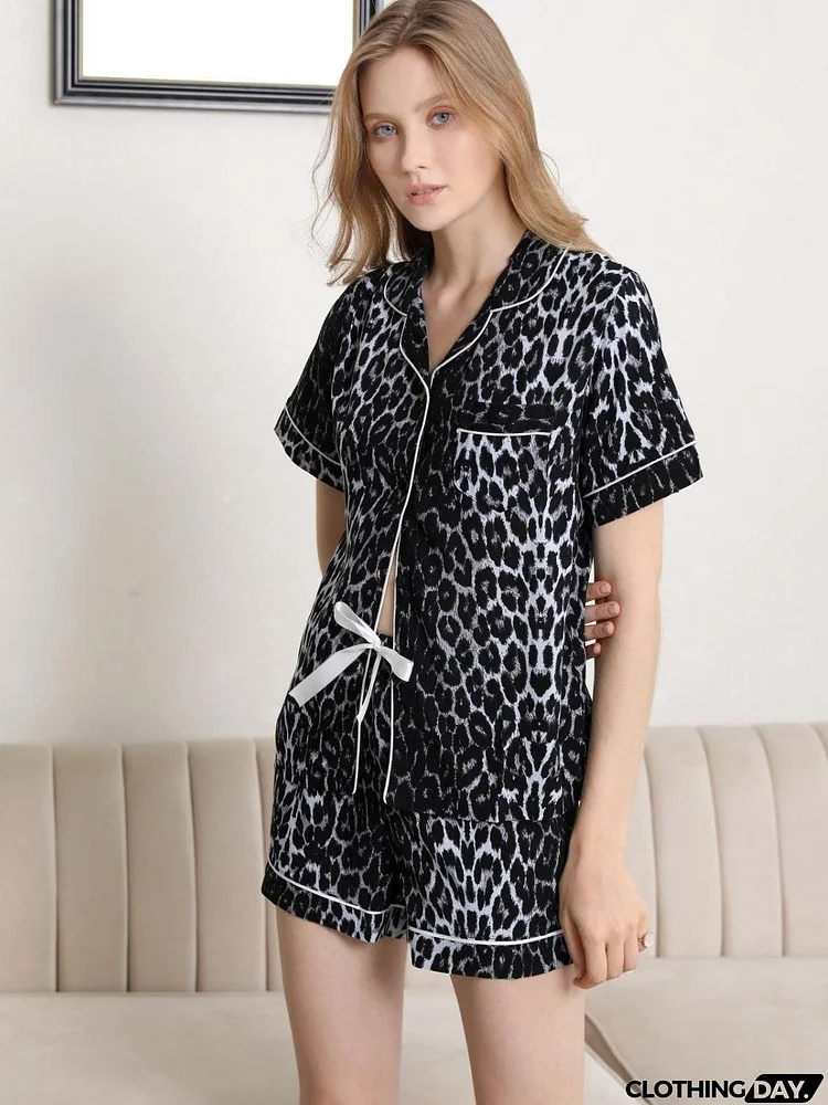 Lapel Collar Shirt and Shorts Pajama Set