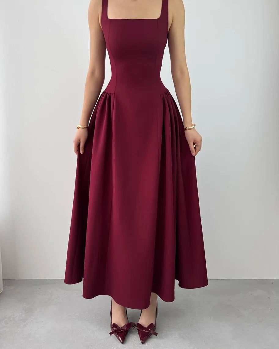 Straps Burgundy Square Neckline Formal Dresses with Split
