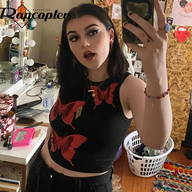 Rapcopter Butterfly y2k Printed Tank Tops Vintage Corset Top Sleeveless O Neck Crop Top Women Summer Skinny Camis 90s Harajuku
